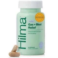Hilma Gas & Bloat Relief bottle front showing natural, clean-label capsules for digestive comfort.