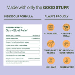 Hilma Gas & Bloat Relief capsules closeup, vegan capsules designed for quick relief after meals.