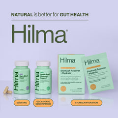 Hilma Gas & Bloat Relief digestive-comfort scene with two capsules, ideal after meals.