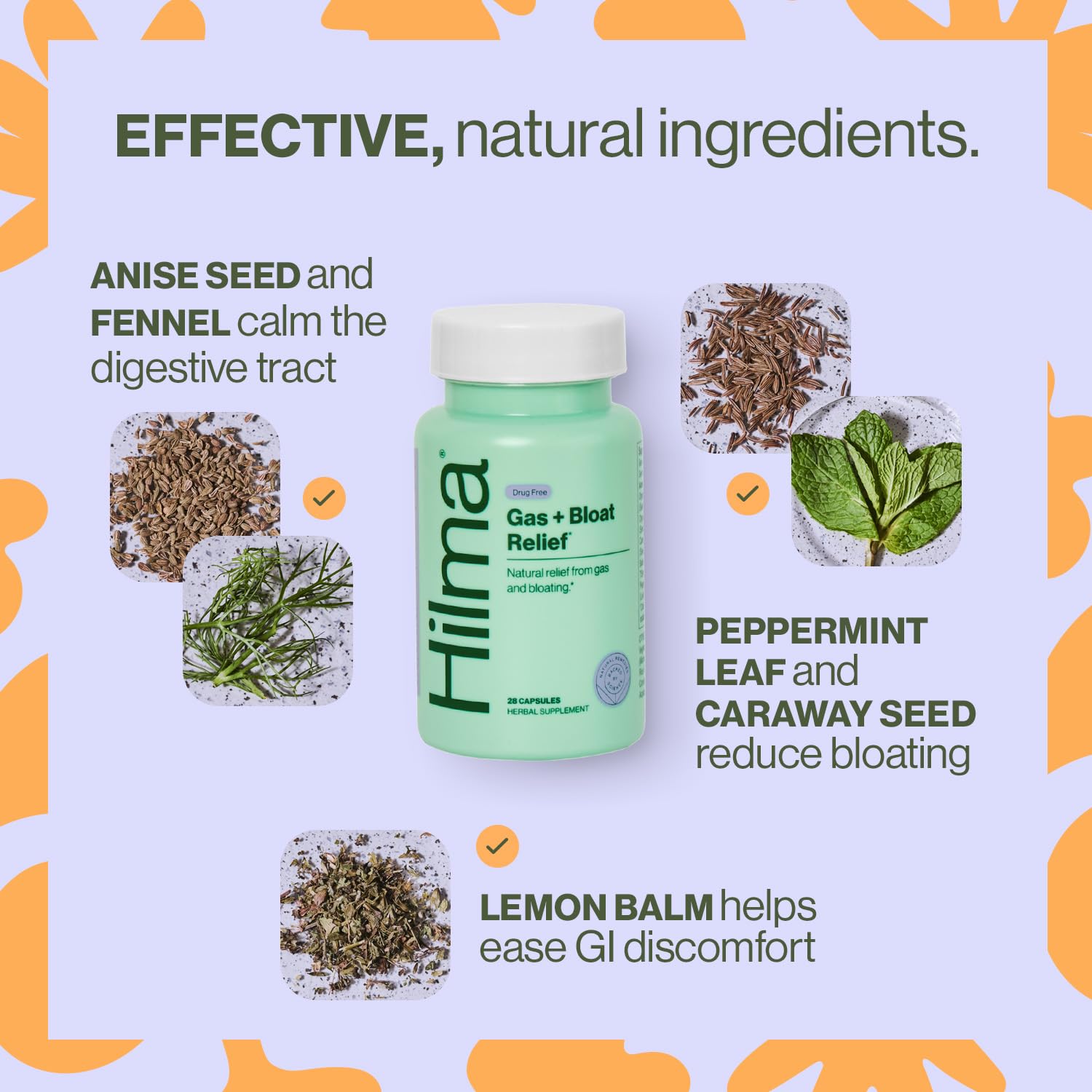 Hilma Gas & Bloat Relief Lemon Balm visual, showcasing calming herbal ingredients for digestive ease.