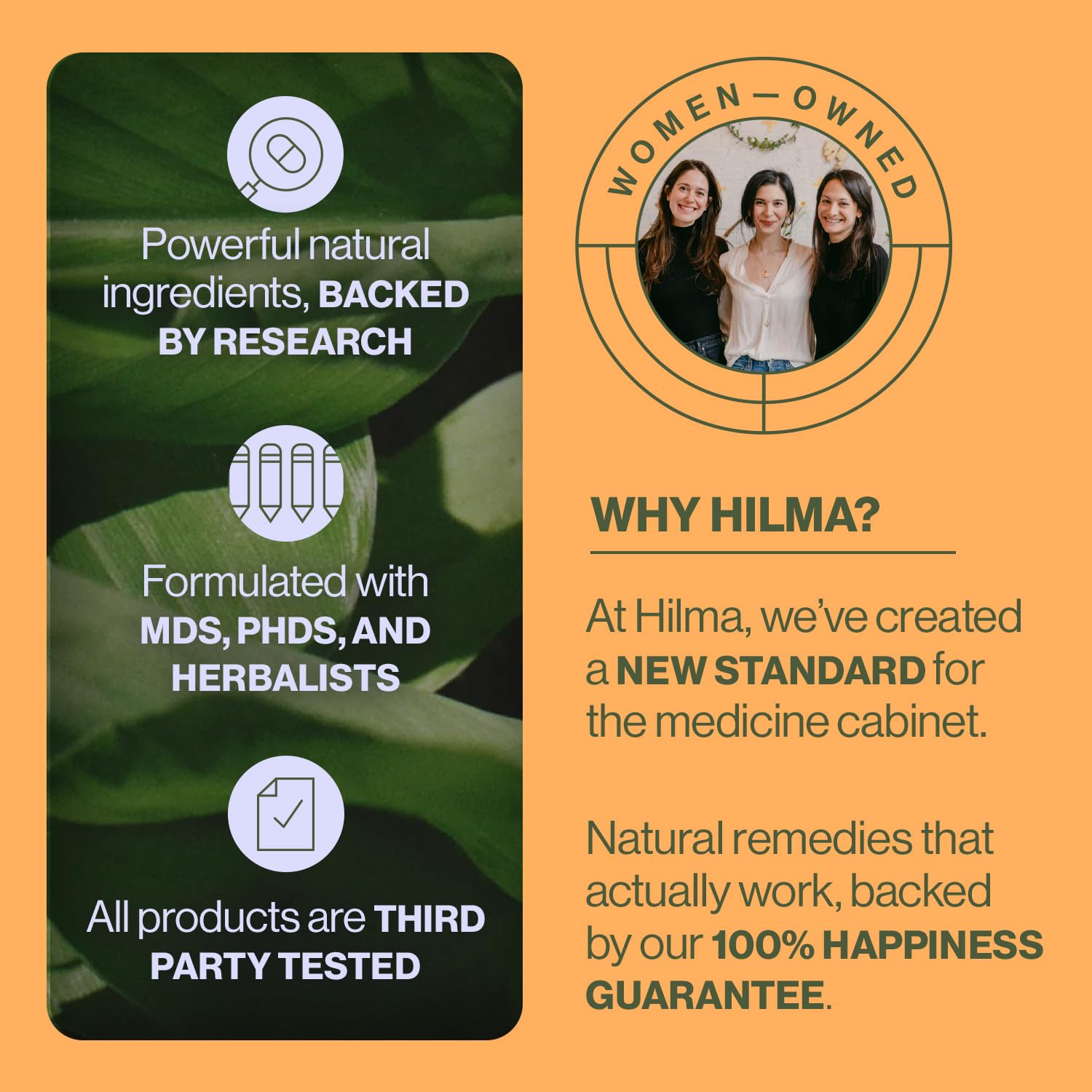 Hilma Gas & Bloat Relief packaging box, showcasing 50 vegan capsules and Clean Label certification.