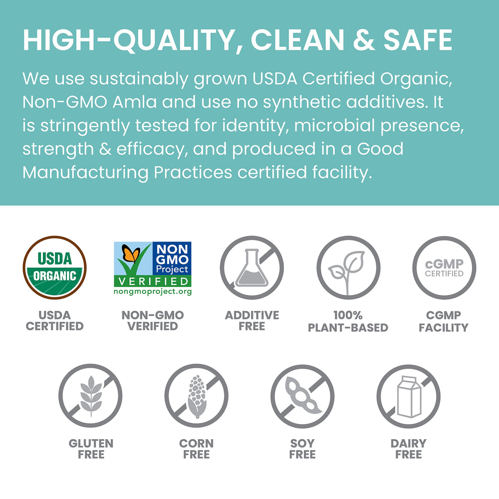 USDA Organic vegan non-GMO labeling on Himalaya Amla packaging