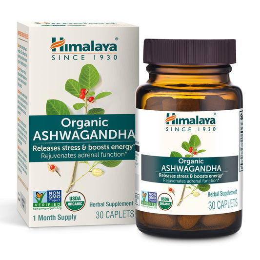 Himalaya Organic Ashwagandha Root powder and root extract blend in supplement bottle