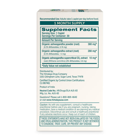 Close-up of Ashwagandha root powder and extract blend label on bottle