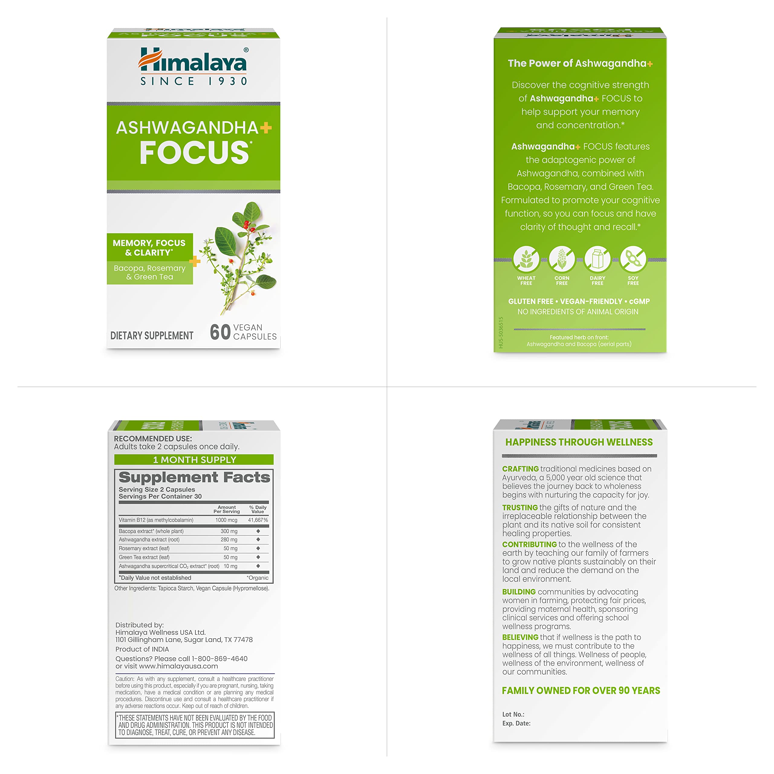 Vegan, non-GMO, gluten-free labels for Himalaya Ashwagandha+ Focus