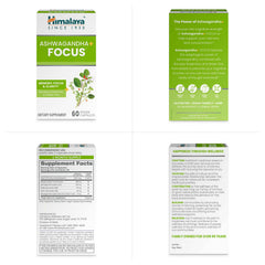 Vegan, non-GMO, gluten-free labels for Himalaya Ashwagandha+ Focus