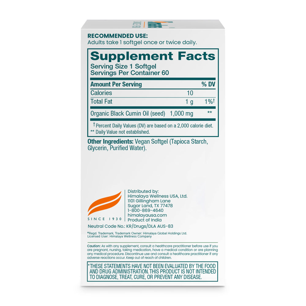 Close-up of Himalaya Black Seed Oil Softgels capsules