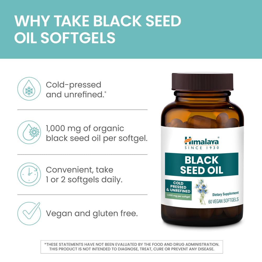 Himalaya Black Seed Oil Softgels bottle front showing 1000 mg per serving