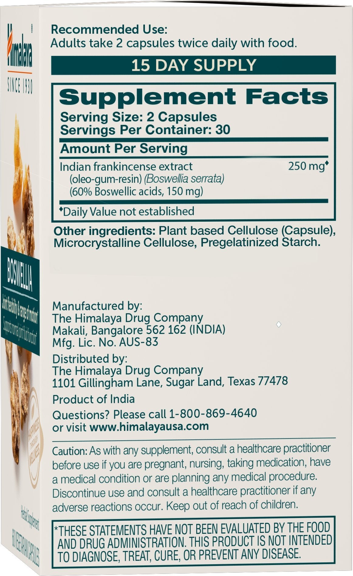 Boswellia Serrata extract label showing 250 mg per serving