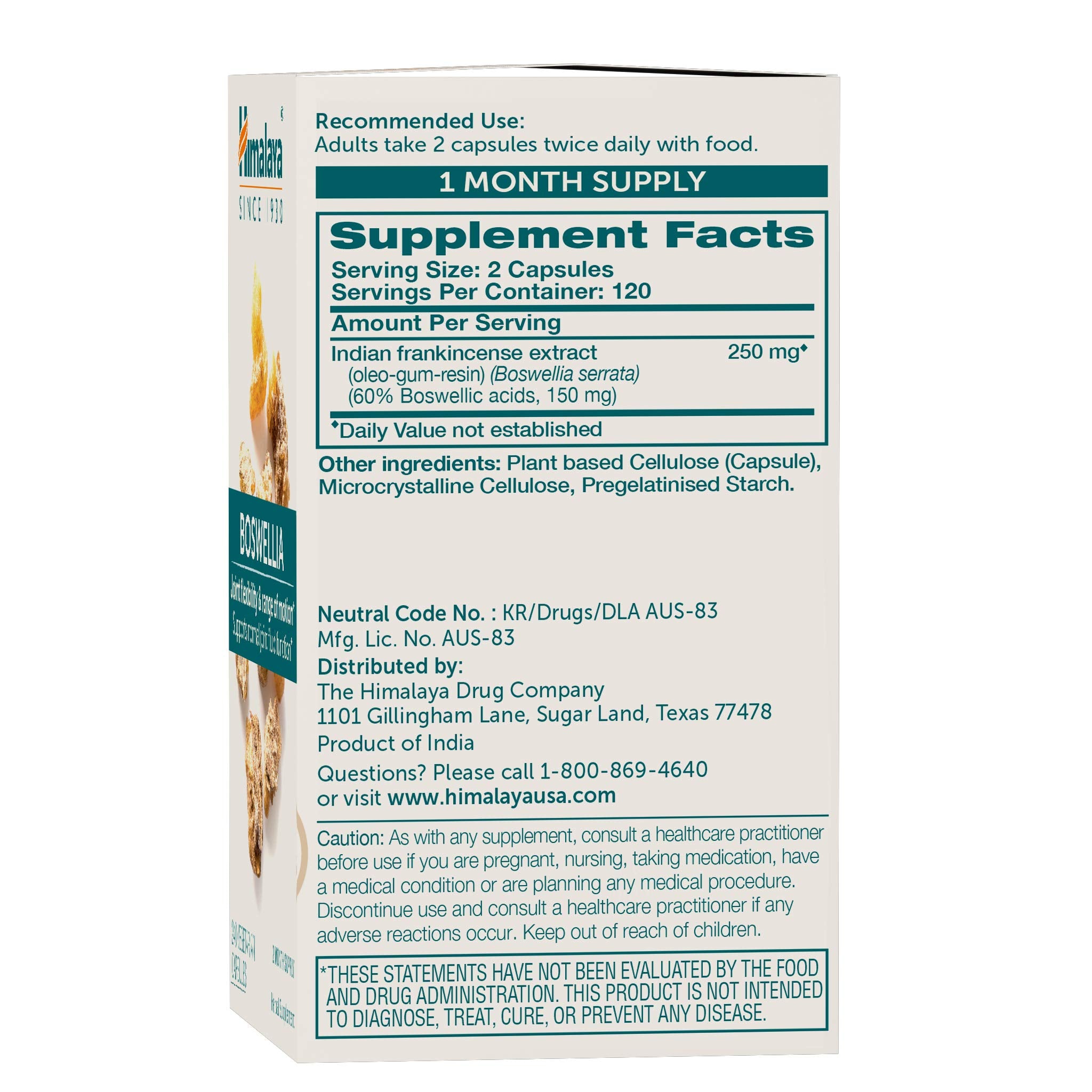 Himalaya Boswellia capsules close-up highlighting 250 mg extract.