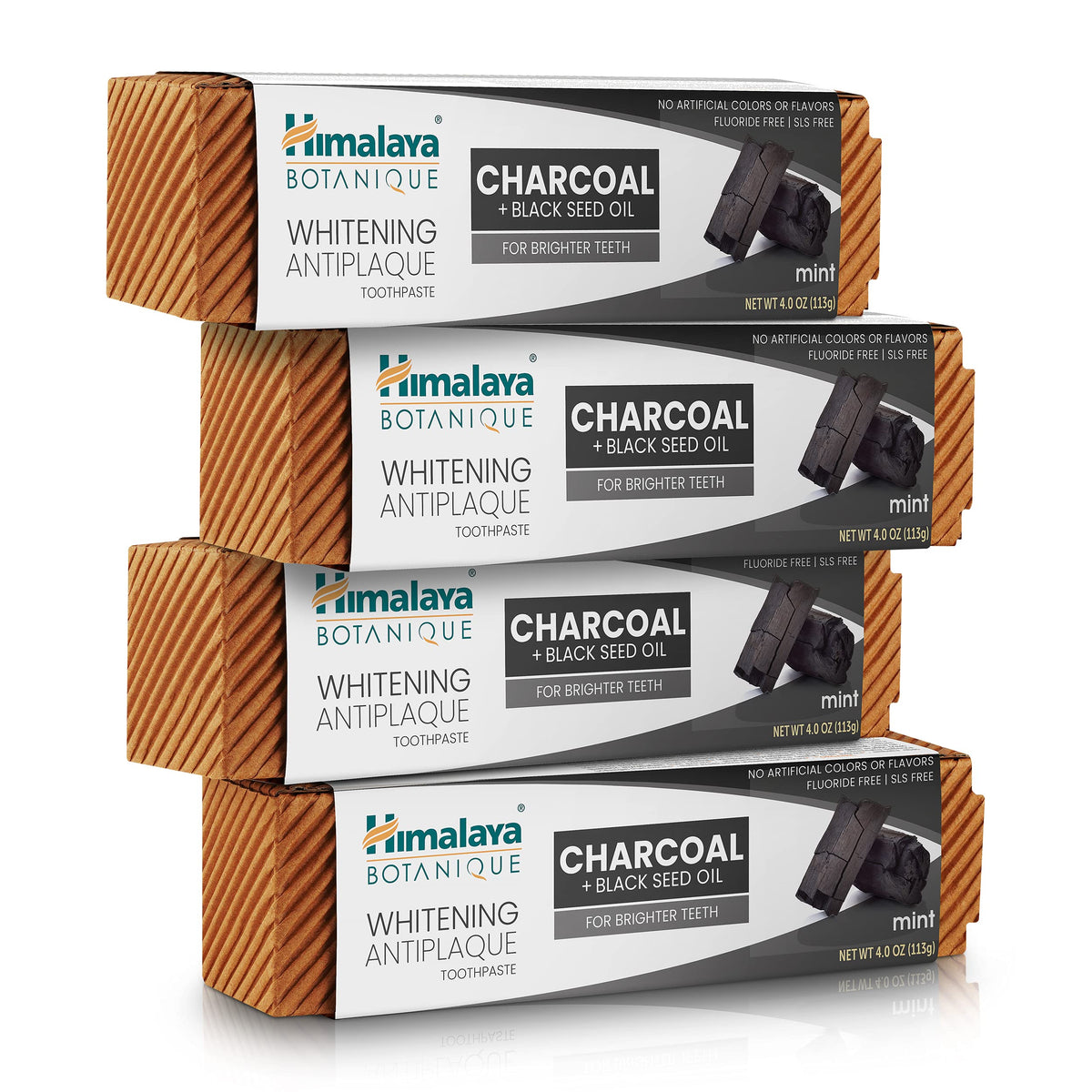 Himalaya Botanique charcoal whitening toothpaste with black seed oil, 4 oz tube in a 4-pack
