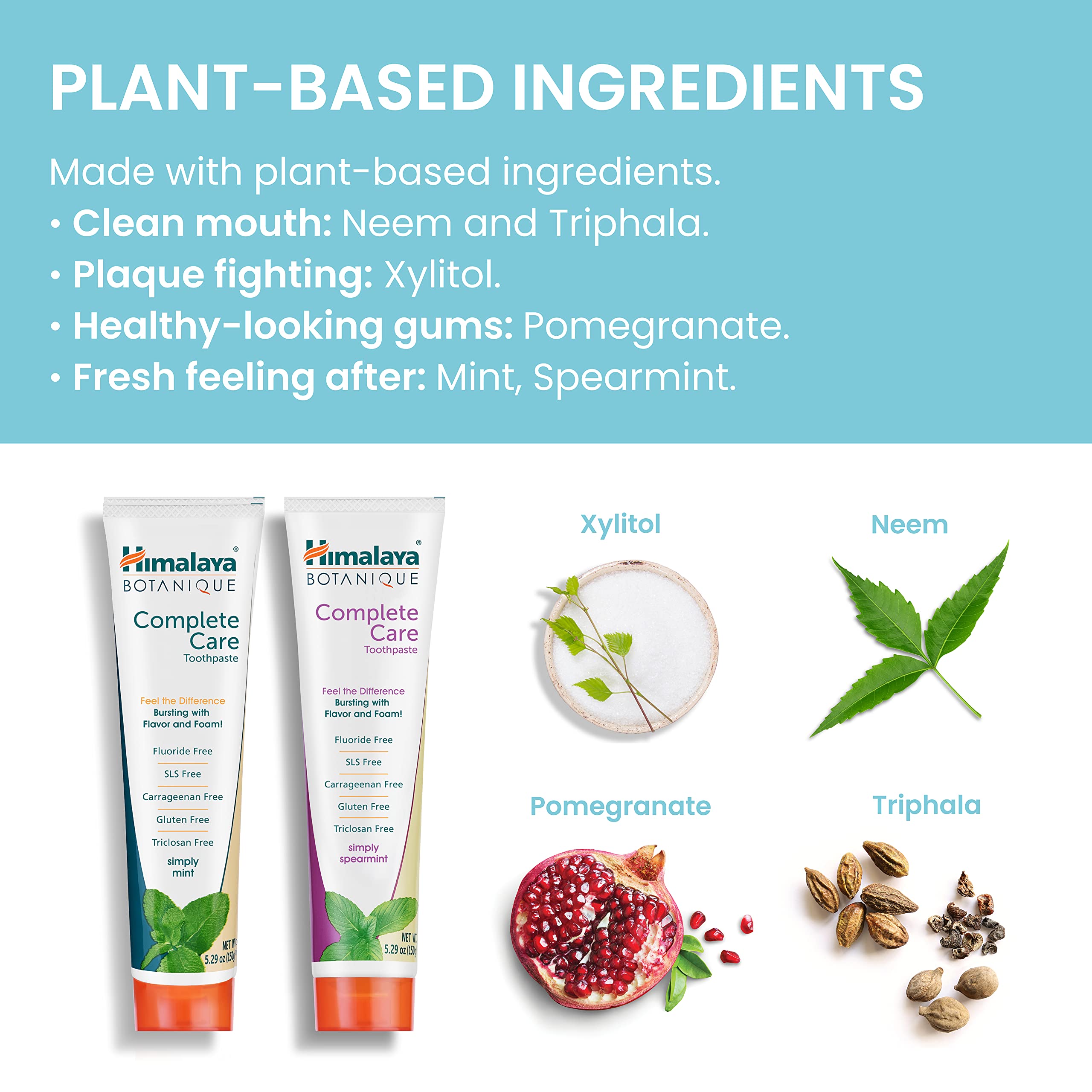 Cruelty-free and vegan certification icons on Himalaya Botanique toothpaste packaging