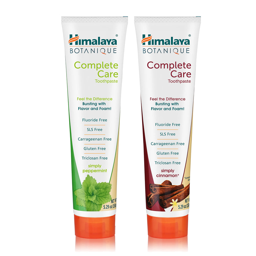 Assorted peppermint and cinnamon toothpaste tubes from Himalaya Botanique Complete Care