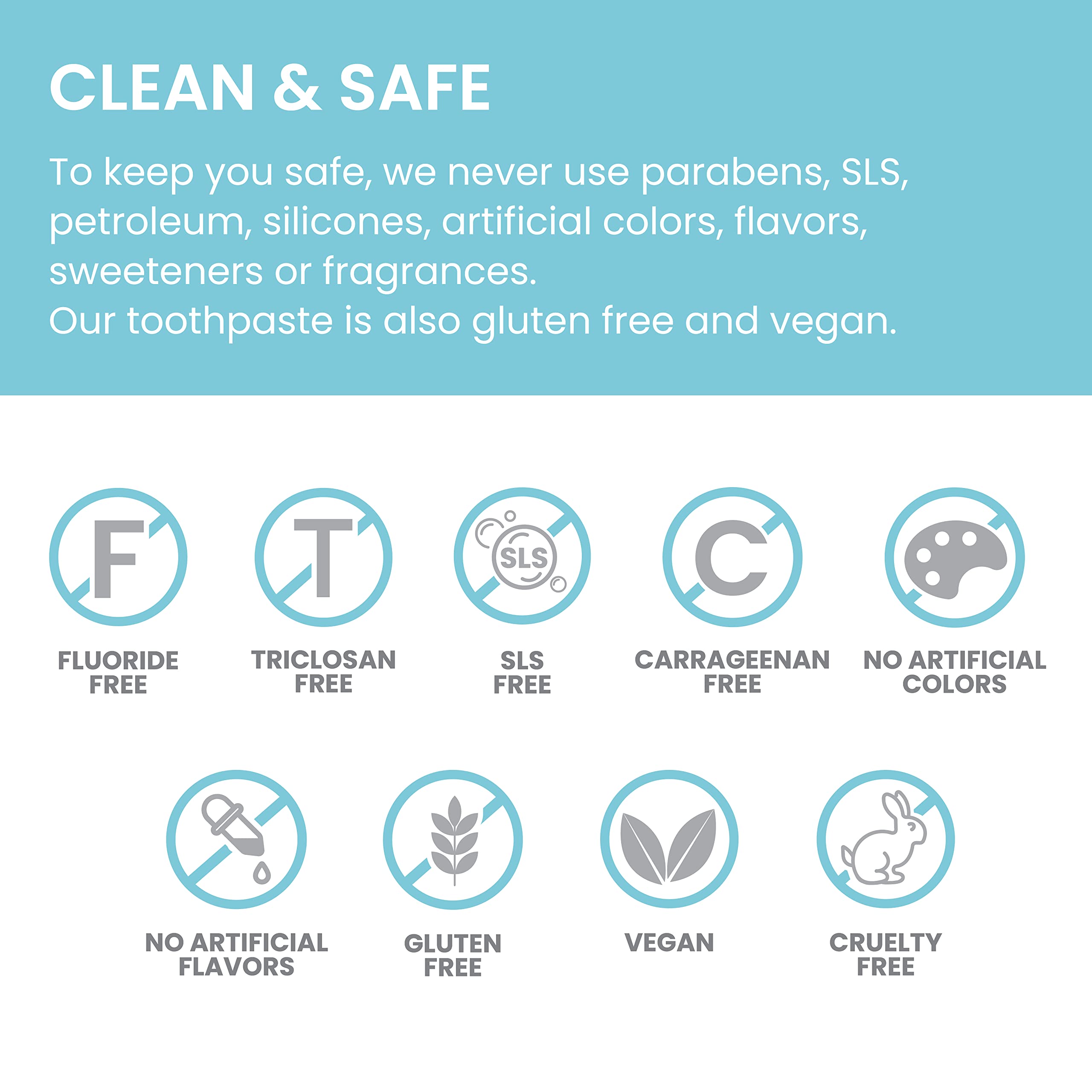 Fluoride-free toothpaste packaging with vegan and gluten-free claim