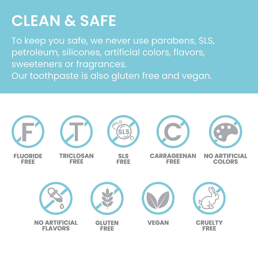 Fluoride-free toothpaste packaging with vegan and gluten-free claim