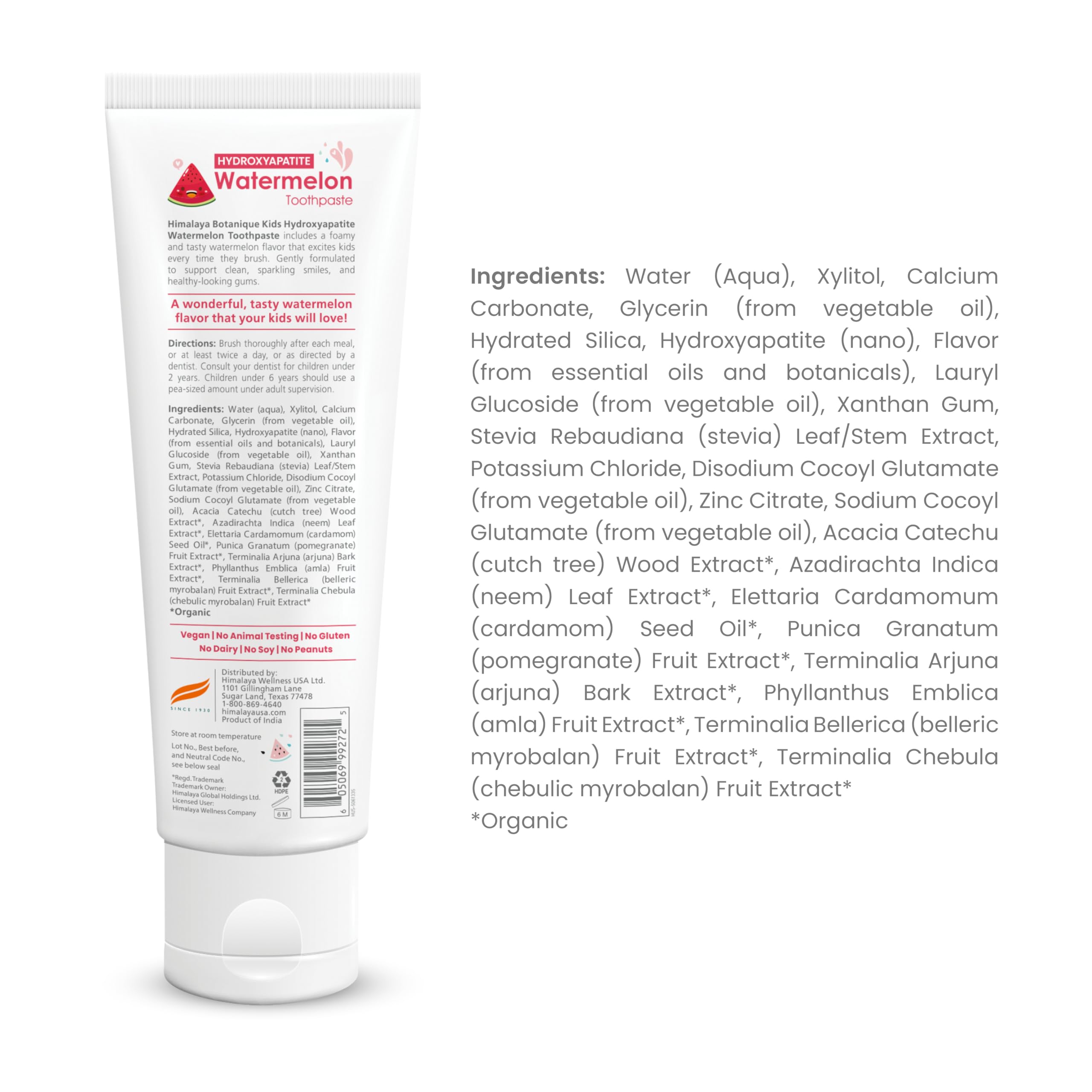 Close-up of Himalaya Botanique Kids toothpaste tube with watermelon design