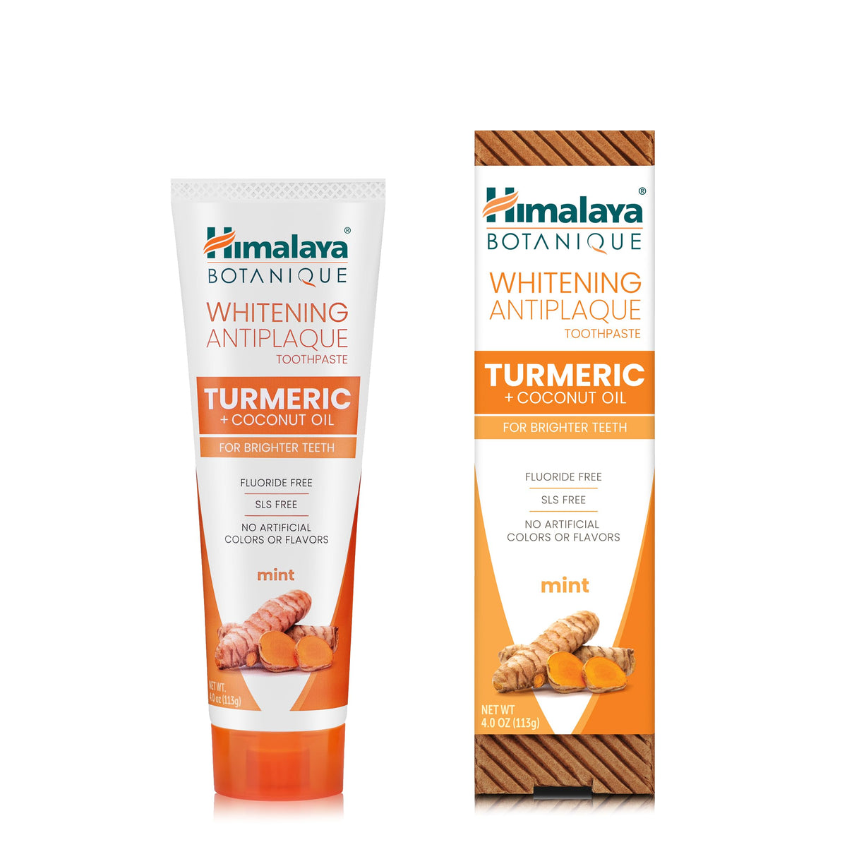 Toothpaste tube displaying Himalaya Botanique Whitening Antiplaque Mint Turmeric Coconut Oil