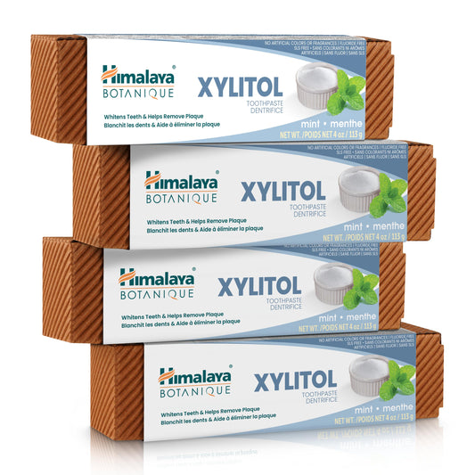 Front packaging view of Himalaya Botanique Whitening Antiplaque Toothpaste 4 pack