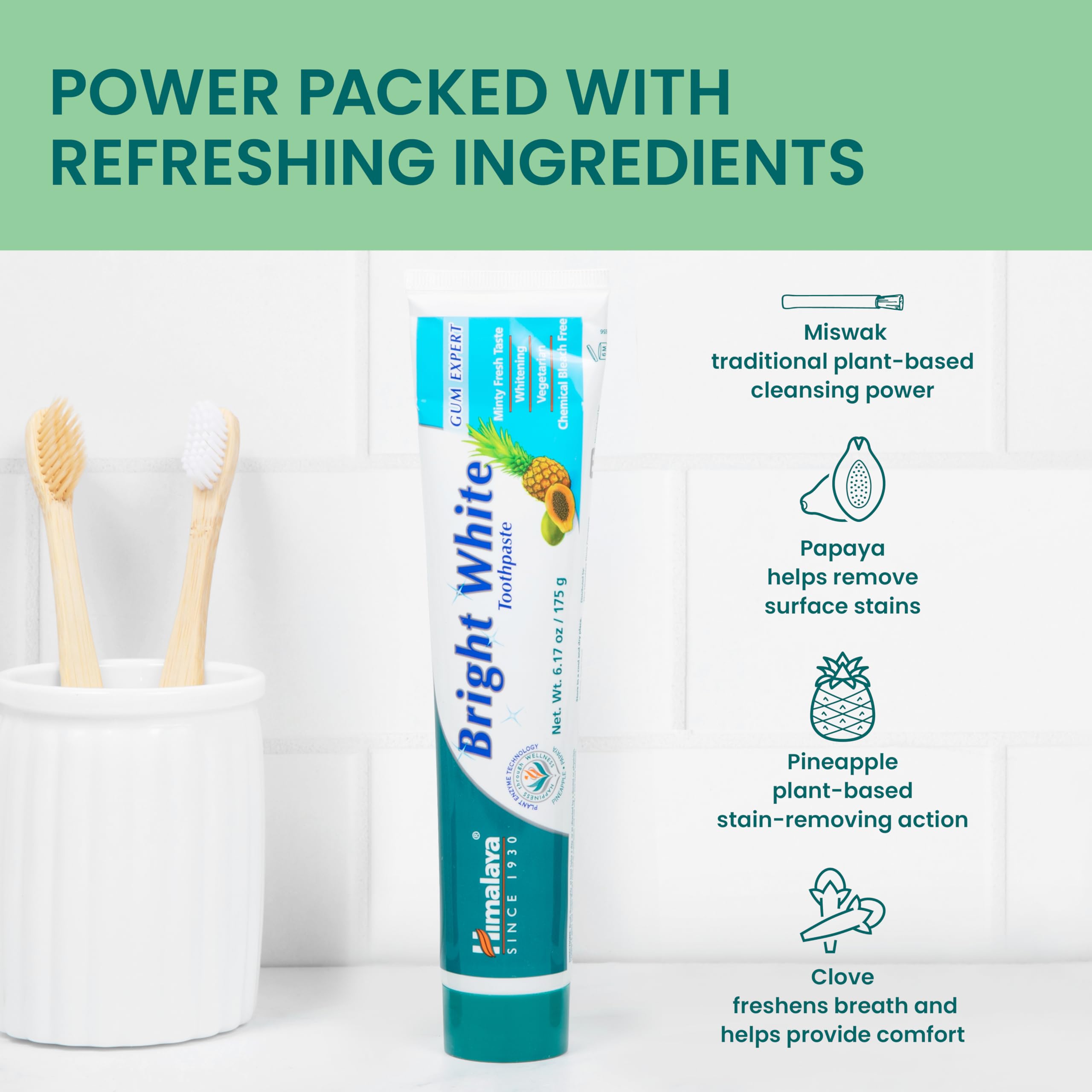 Mint, clove and cinnamon flavor branding for Himalaya Bright White Toothpaste