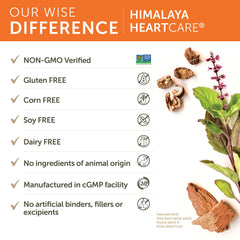 Himalaya HeartCare packaging highlights vegan, non-GMO, and gluten-free attributes.