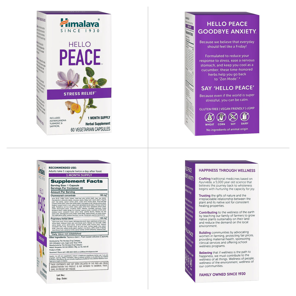 Ayurvedic supplement lineup featuring Himalaya Hello Peace