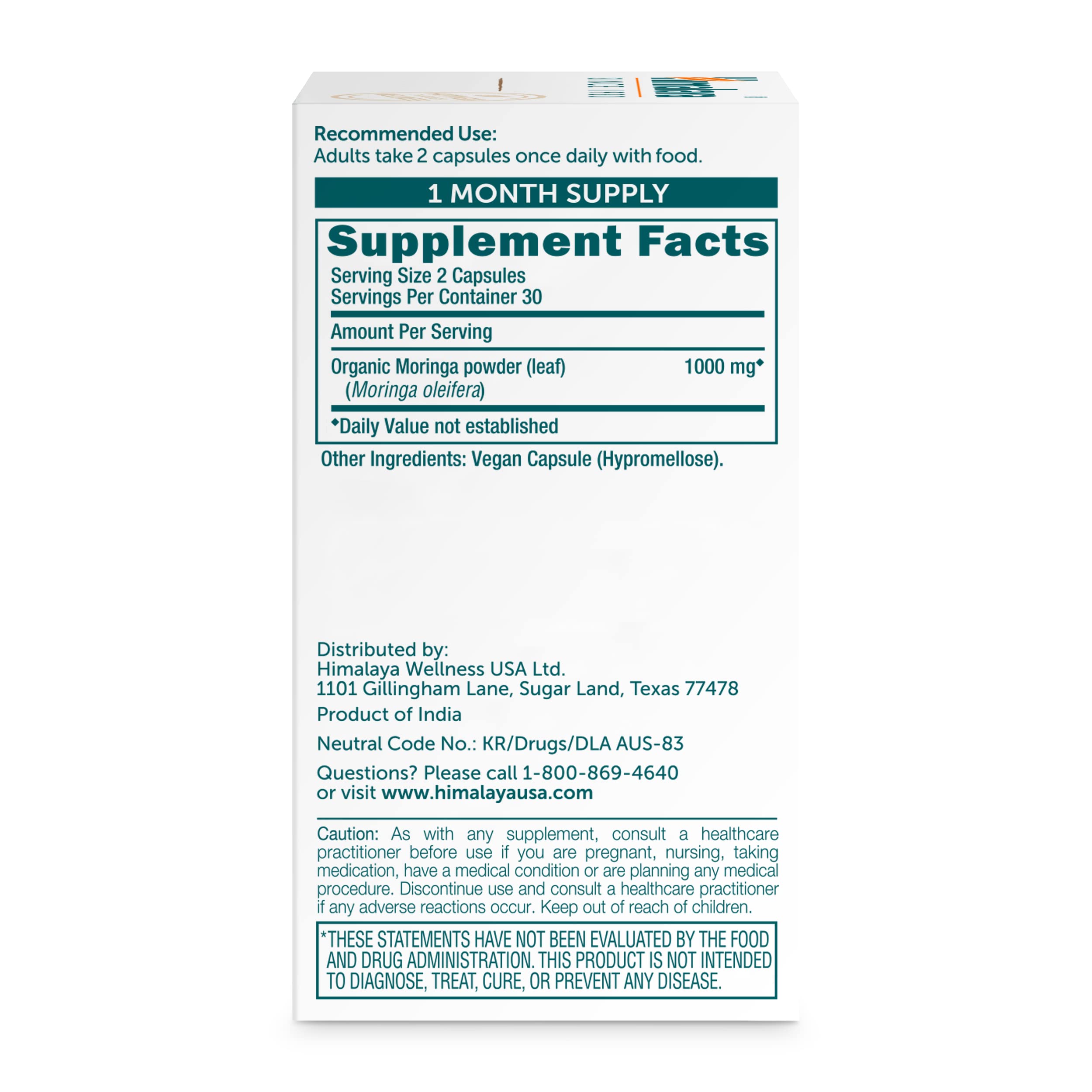 Close-up of Himalaya Moringa label