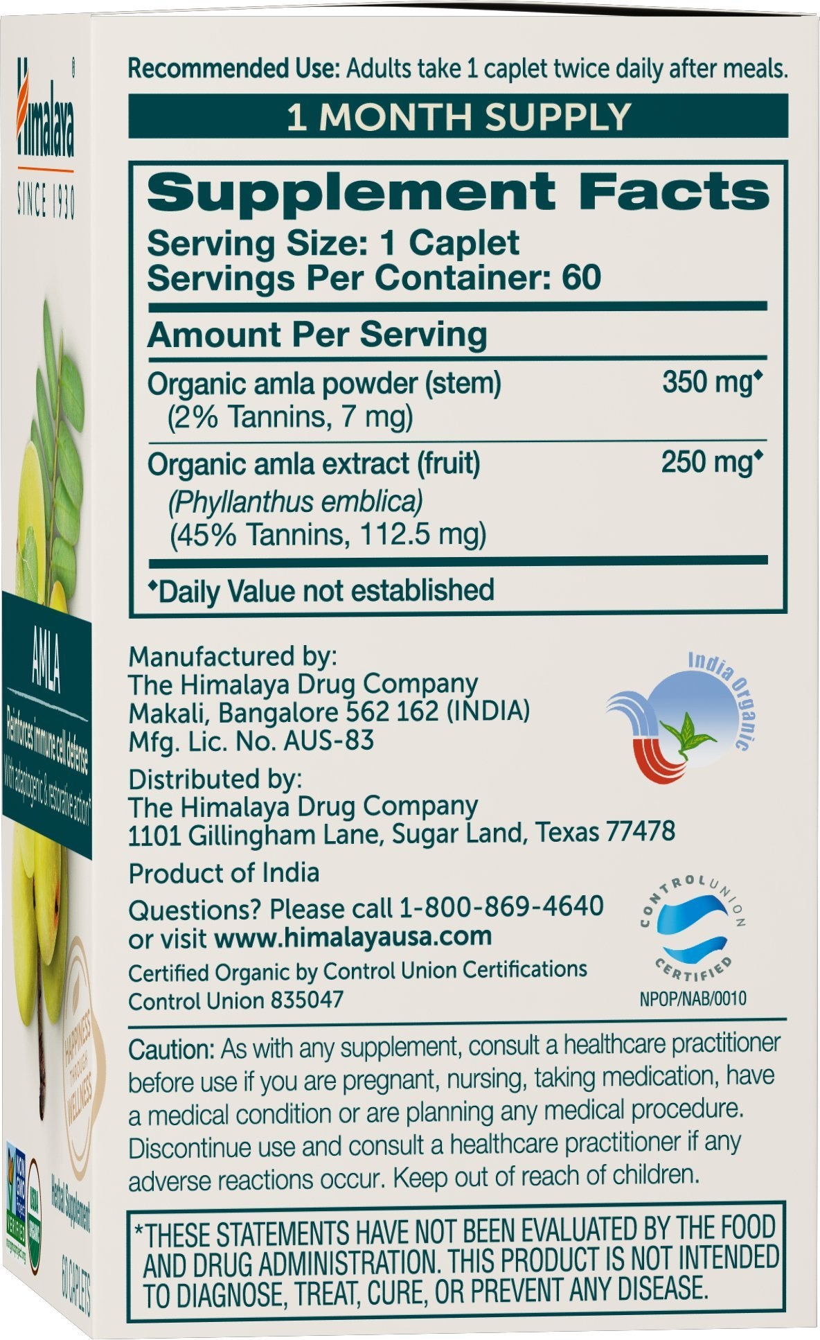 Himalaya Organic Amla extract 250 mg with 350 mg organic amla powder