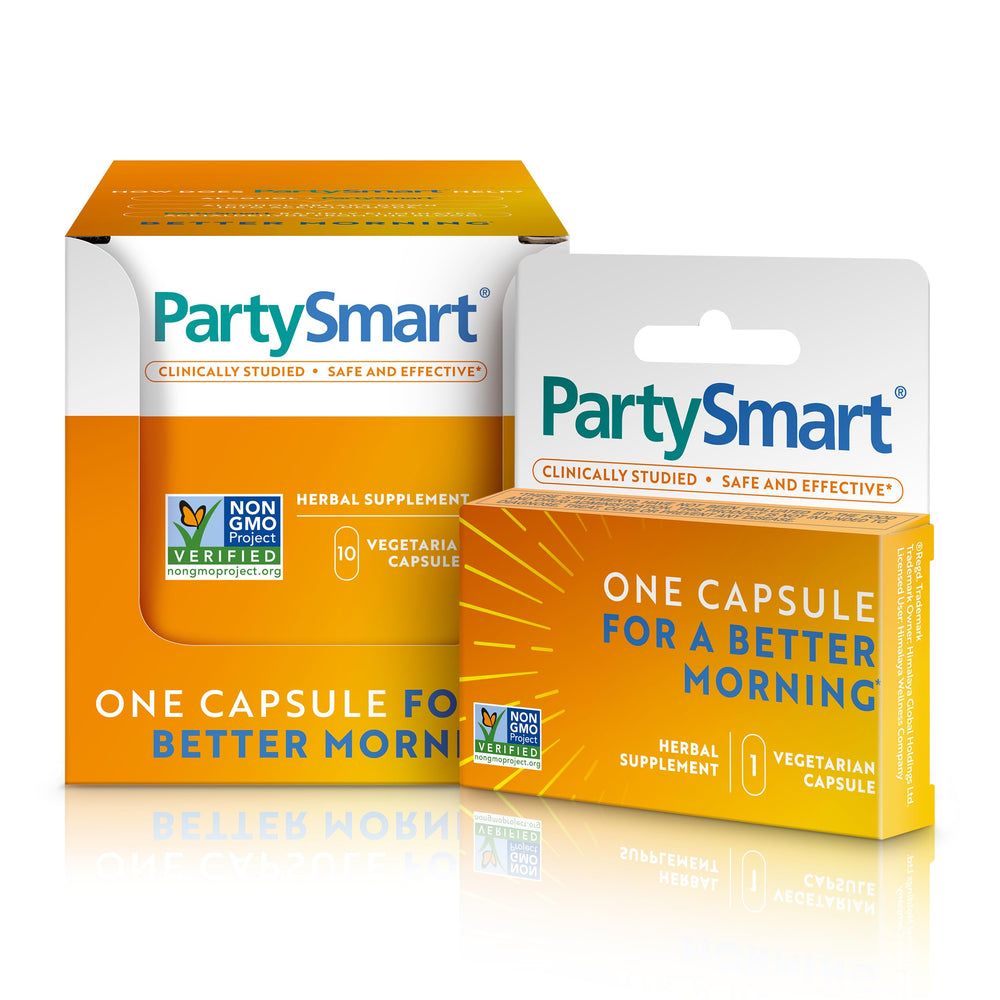 Himalaya PartySmart bottle and box for easy morning-after support after a night out.