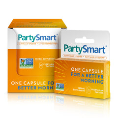 Himalaya PartySmart bottle and box for easy morning-after support after a night out.