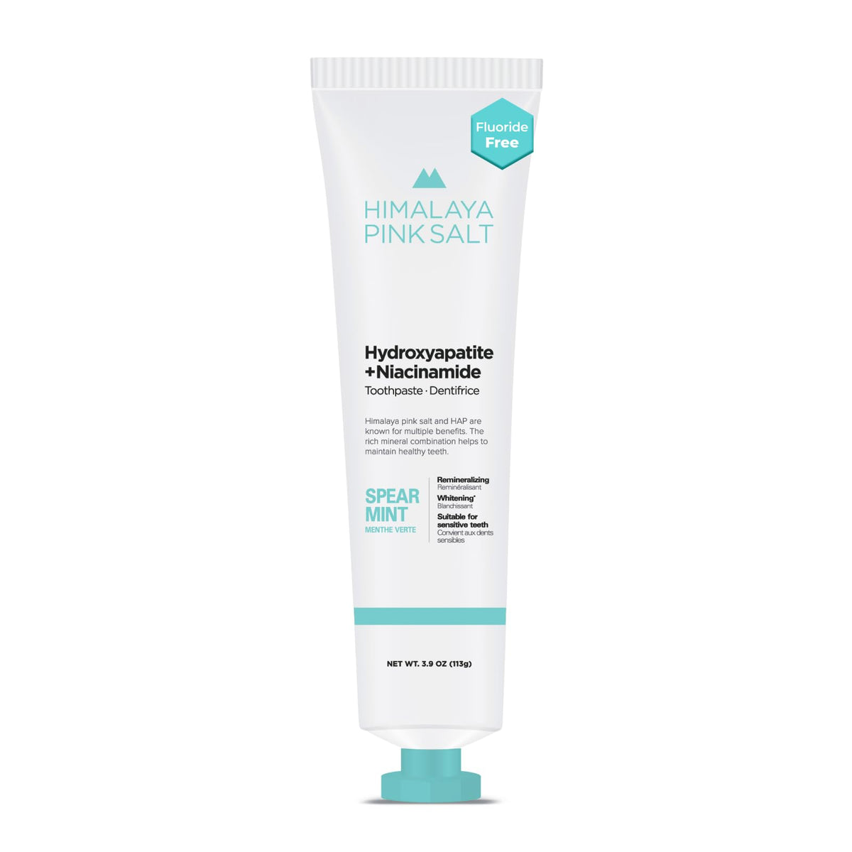 Tube of HIMALAYA PINKSALT Fluoride-Free Hydroxyapatite toothpaste with spearmint flavor, 3.9 oz