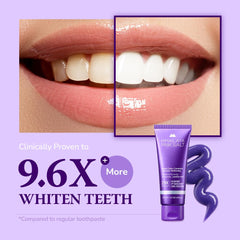 Close-up of toothpaste tube with purple whitening accents