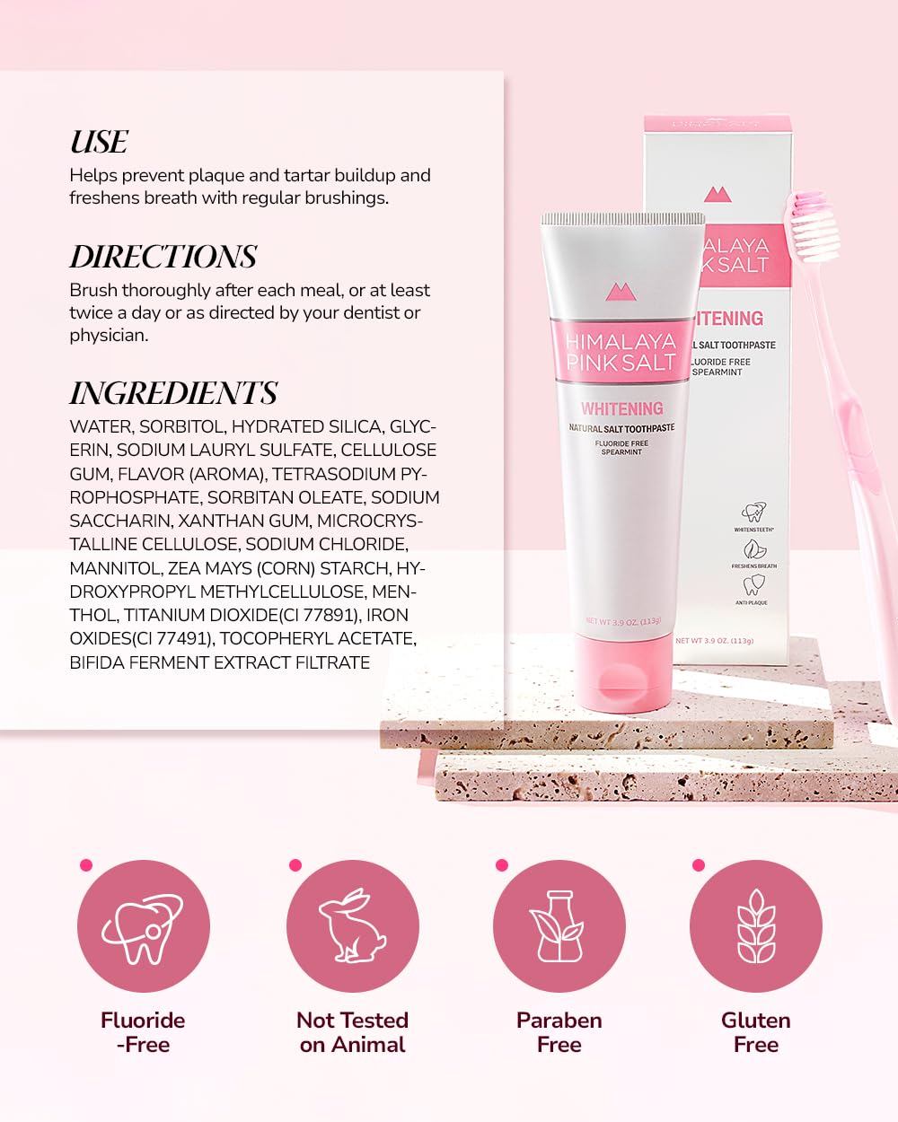 Graphic highlighting Himalayan Pink Salt minerals and fluoride-free formula