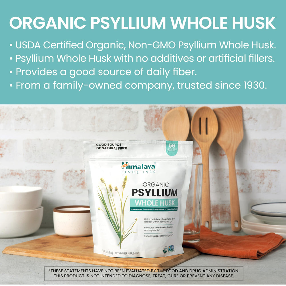 Scoop of Himalaya Psyllium Whole Husk being stirred into water for easy mixing.