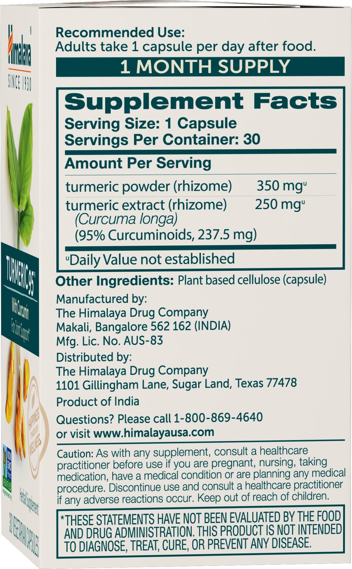 Side view of Himalaya Turmeric 95 bottle