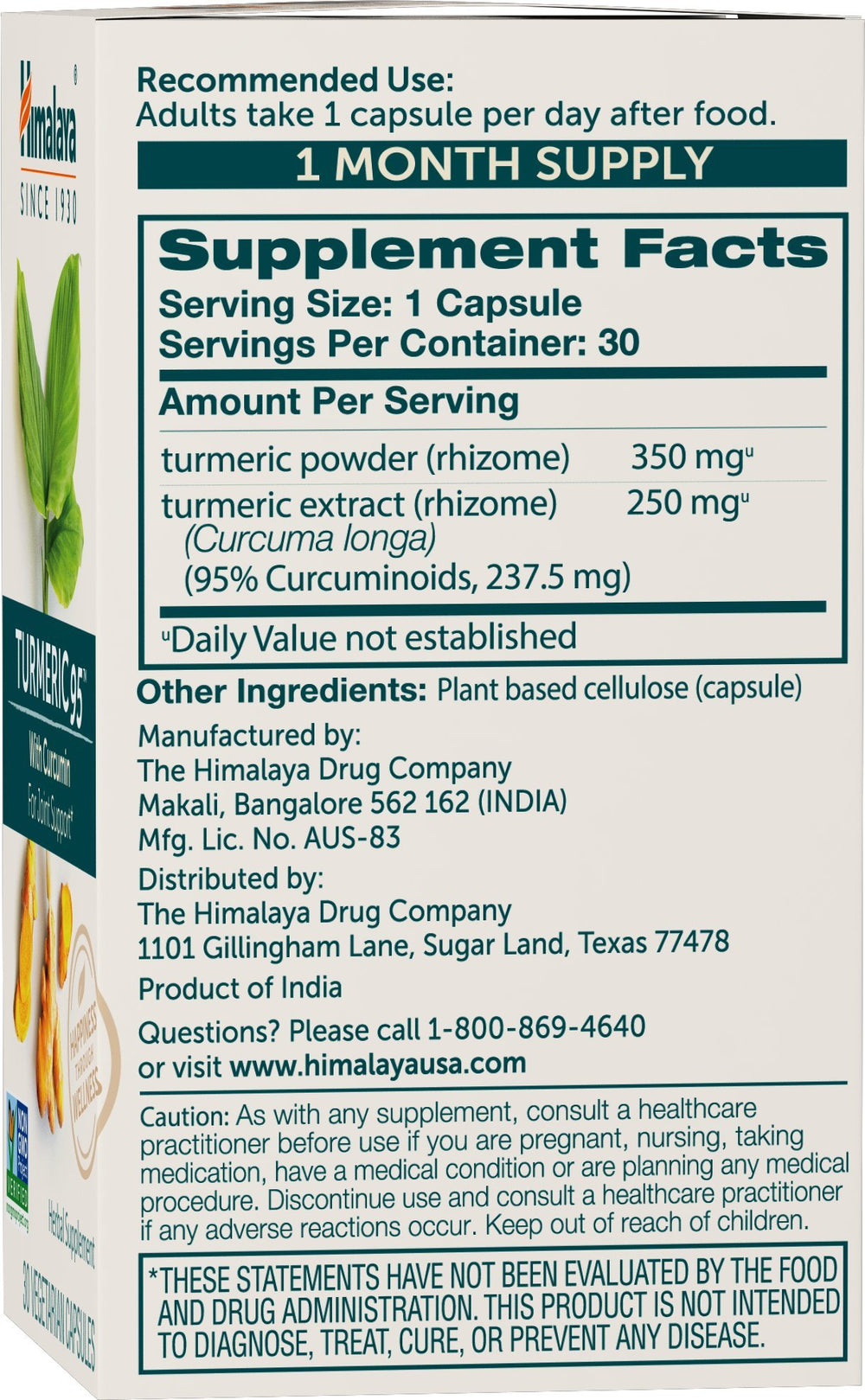 Side view of Himalaya Turmeric 95 bottle