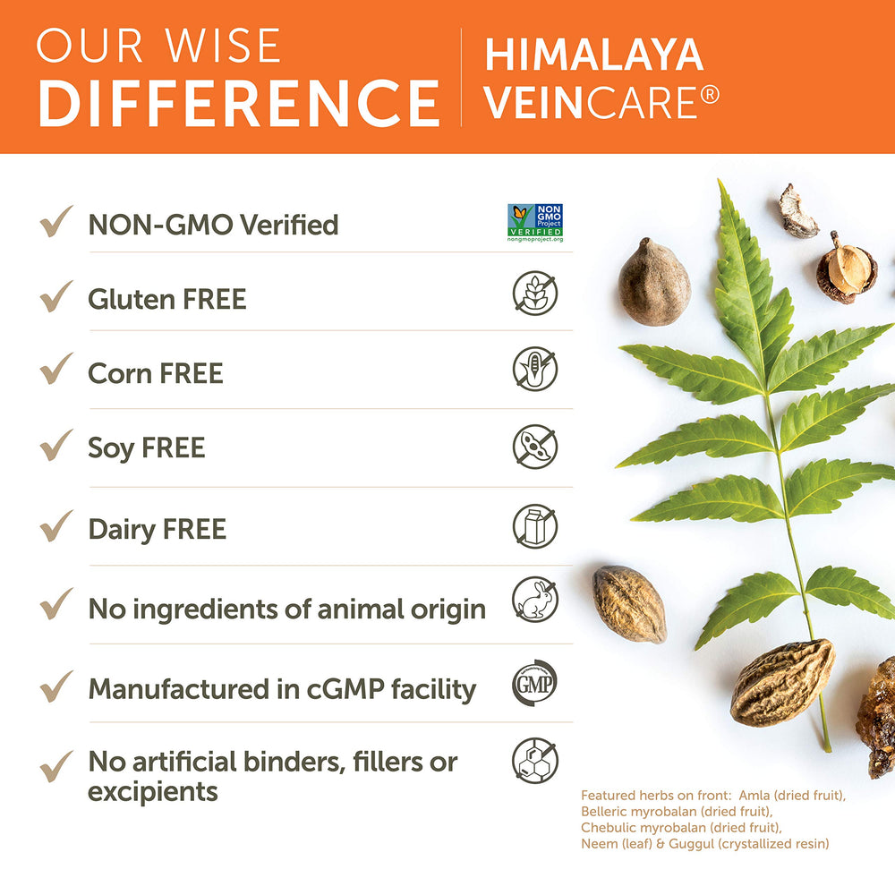 Vegan non-GMO gluten-free label for Himalaya VeinCare