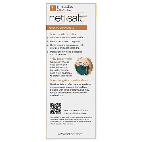 Himalayan Chandra Neti Salt Plus packaging display highlighting the iodine-free formula.