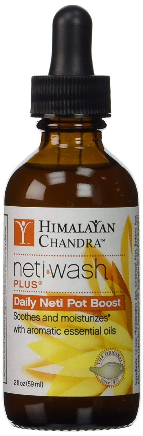 Himalayan Chandra Neti Wash Plus bottle demonstrates aromatic nasal rinse for congestion relief.