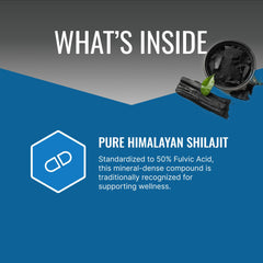 Close-up of Shilajit bottle label and capsules