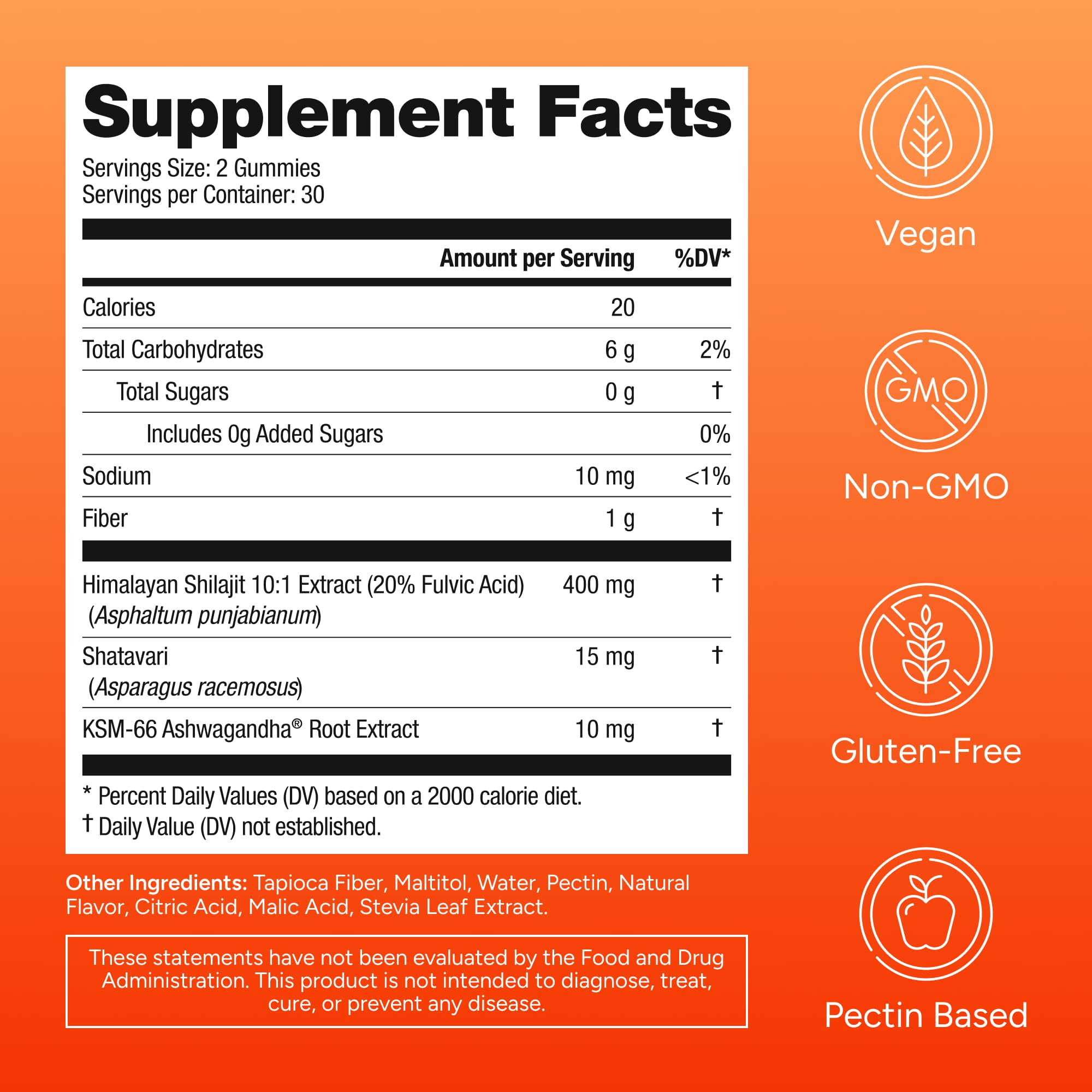 Ingredients and nutrition label of Shilajit gummies