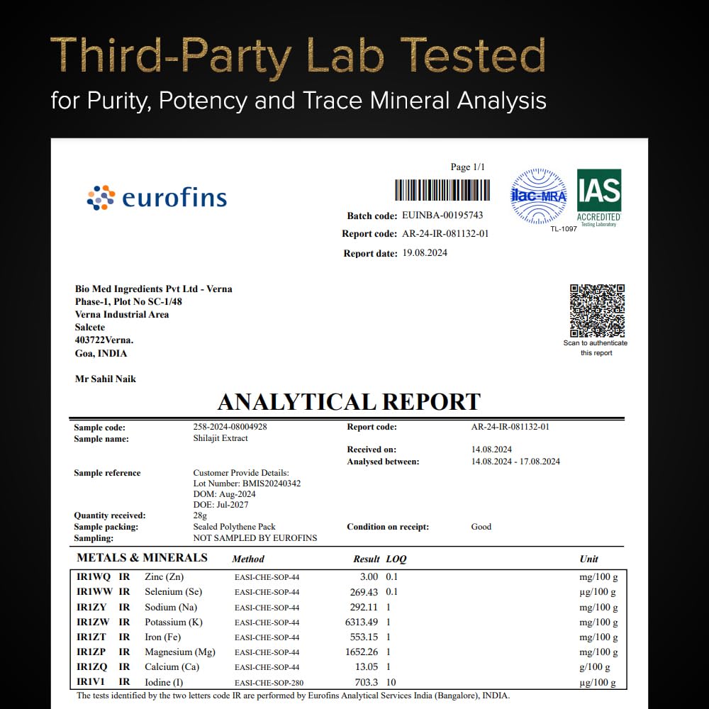 Lab-tested purity certificate and non-GMO badge on packaging