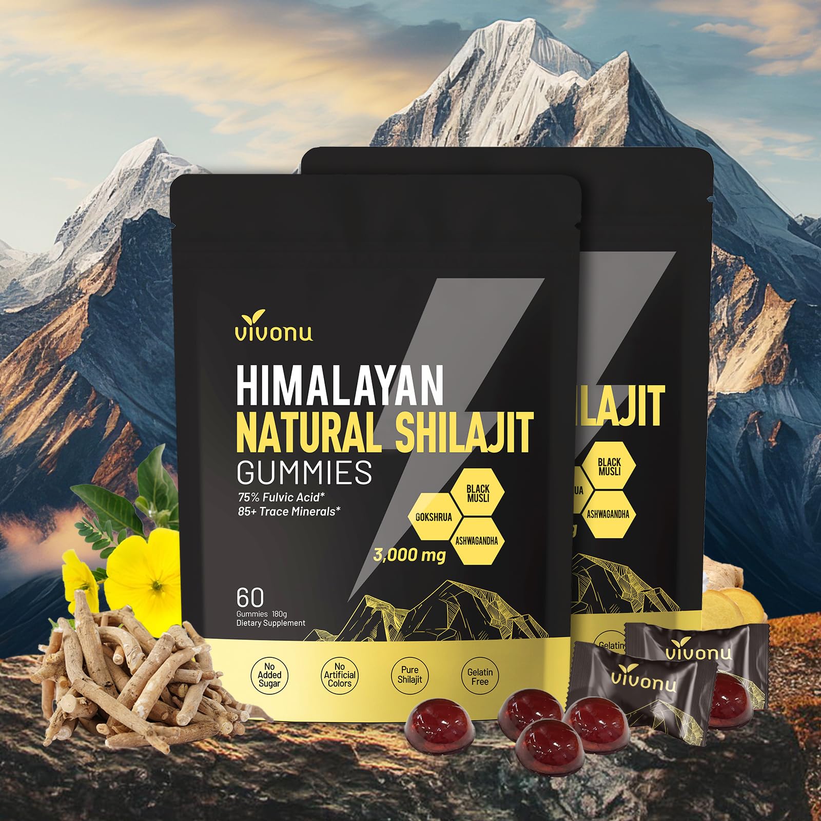 Shilajit resin gummies close-up showing organic ingredients