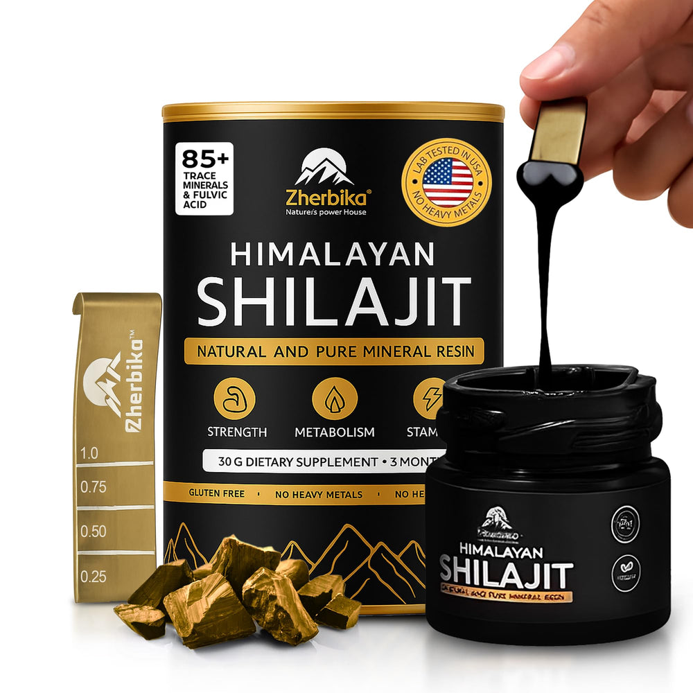 Himalayan Shilajit resin in an amber glass jar