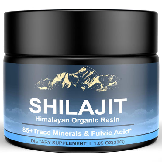 Front view of Himalayan Shilajit resin bottle showing 30g package