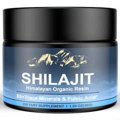 Front view of Himalayan Shilajit resin bottle showing 30g package