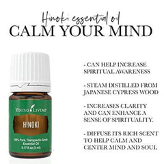 Young Living Hinoki oil drops pour showing portable aroma for relaxation.