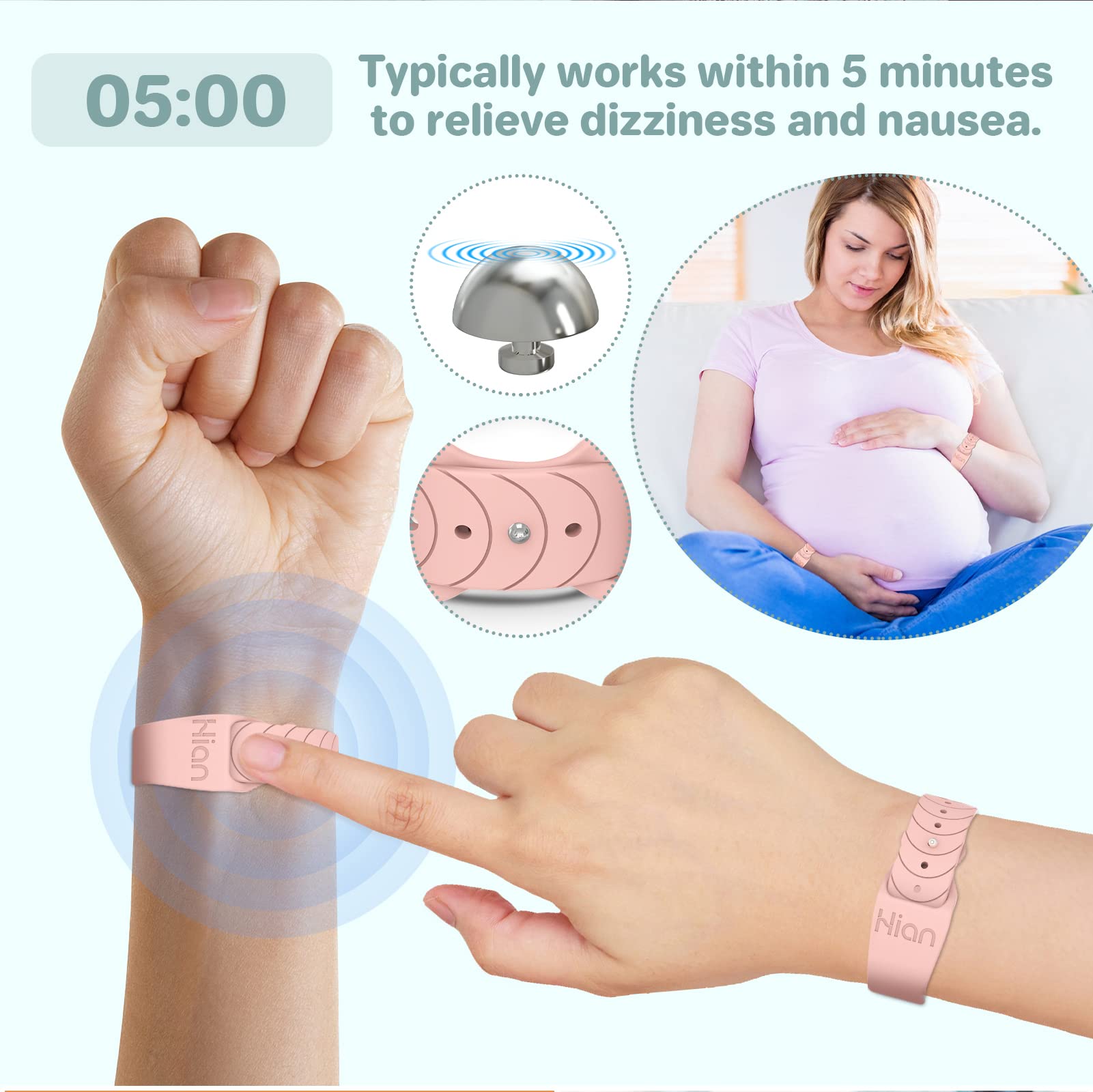 Hion acupressure beads targeting four wrist points for motion sickness support.