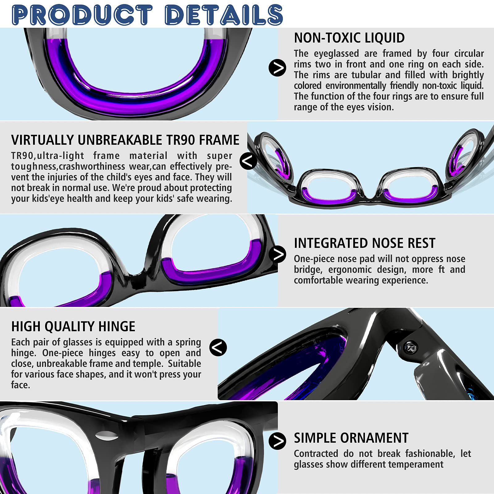 Hion Kids Anti-Motion Glasses nose-bridge closeup highlights soft kid-friendly fit
