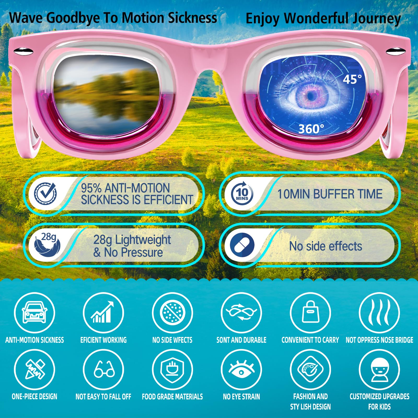 Hion Kids Anti-Motion Glasses pink side view showing flexible temples.