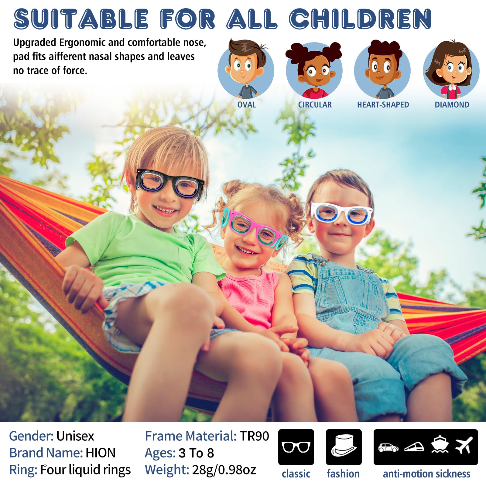 Hion Kids Anti-Motion Glasses pink temples demonstrating bendable fit.